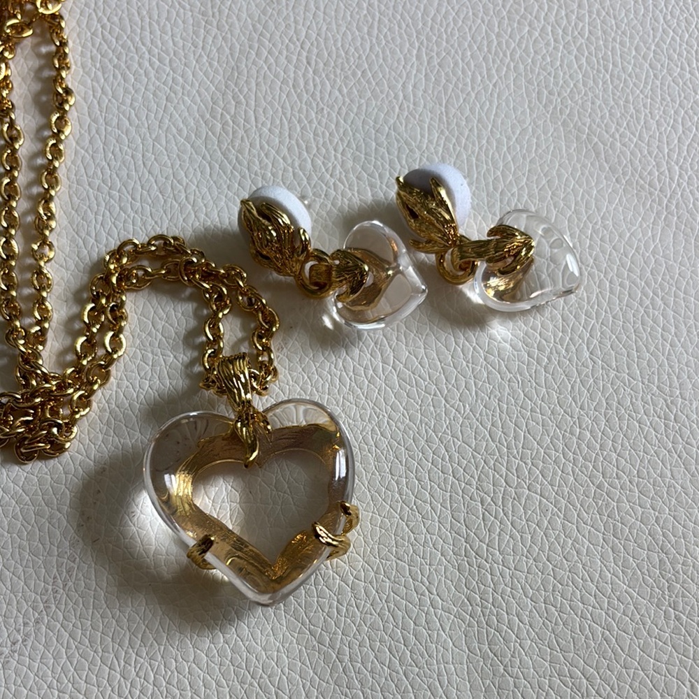 Gold and Clear Heart Necklace and Earrings Set - Picture 10 of 10